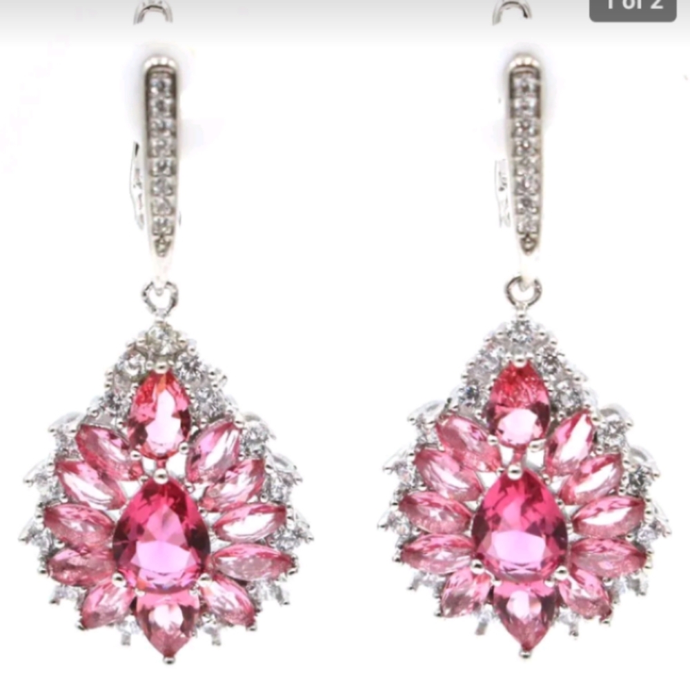 New pink tourmaline cz sterling silver dangle earrings